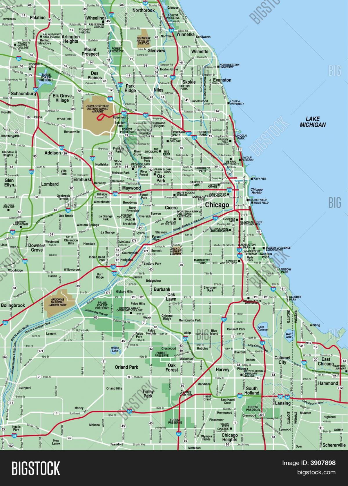 mapa Chicago area